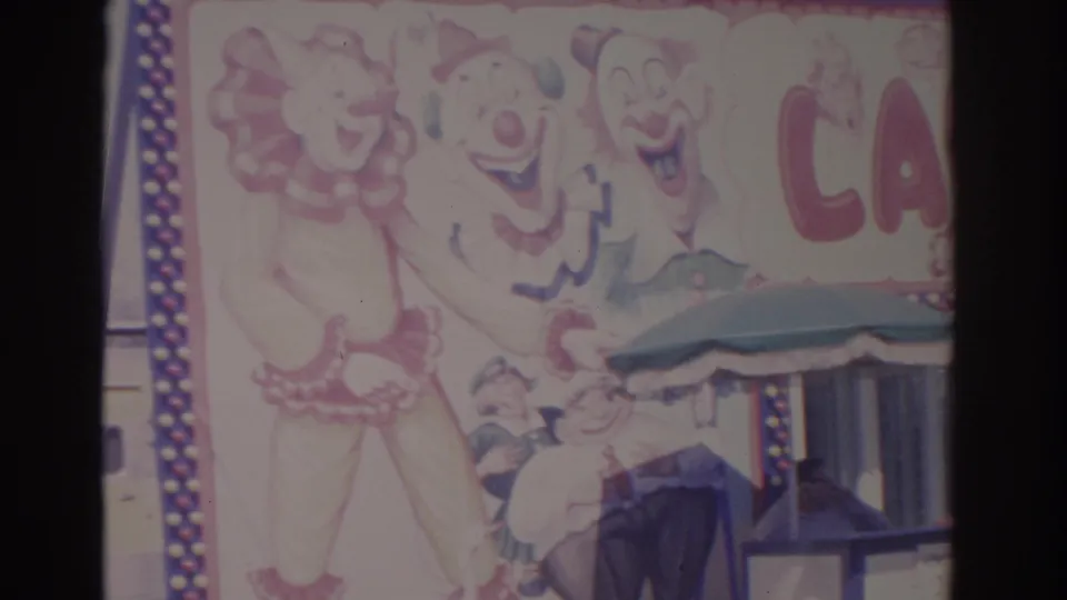 1962 Florida home-movie frame with the Laughterland sign partly visible, showing clown artwork, red lettering, and a booth canopy.