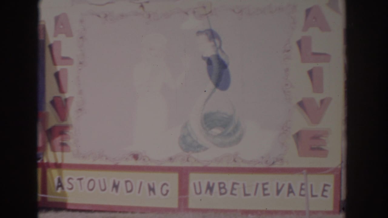 1962 Florida 8mm frame of a sideshow wall with painted mermaid art, vertical ALIVE lettering, and Astounding Unbelievable panels.