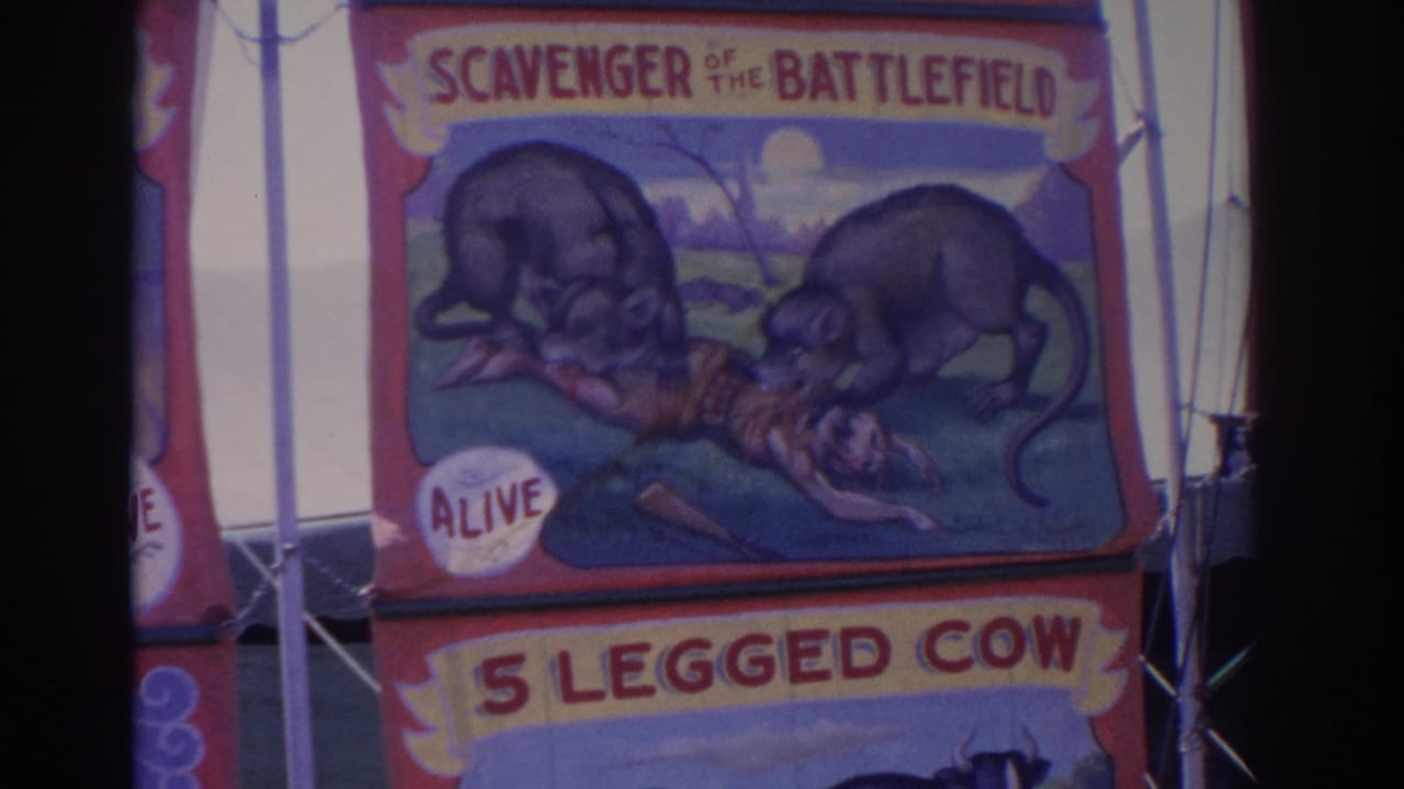 Circus banners advertising Scavenger of the Battlefield and a partial five-legged cow sign.