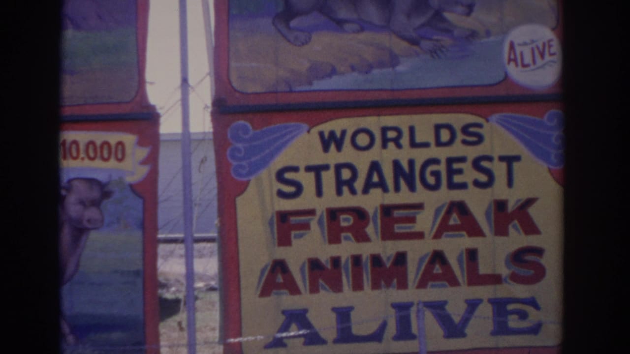 Painted carnival sign reading Worlds Strangest Freak Animals Alive behind vertical bars.