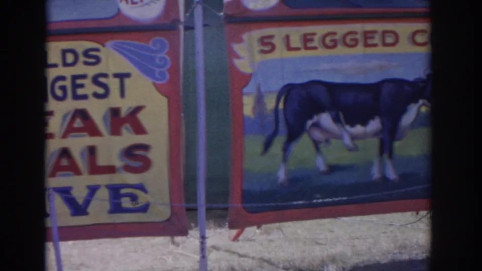 Florida 1962 home-movie frame showing cropped sideshow banners, including a painted five-legged cow advertisement and partial large lettering.