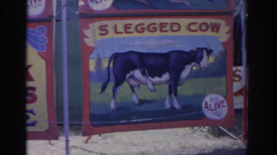 Florida 1962 frame centered on a red sideshow banner advertising a painted five-legged cow with an ALIVE badge.