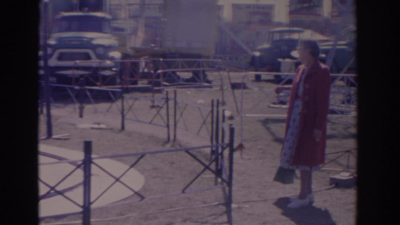 Woman in a red coat stands near temporary barriers with cars and trucks behind her.