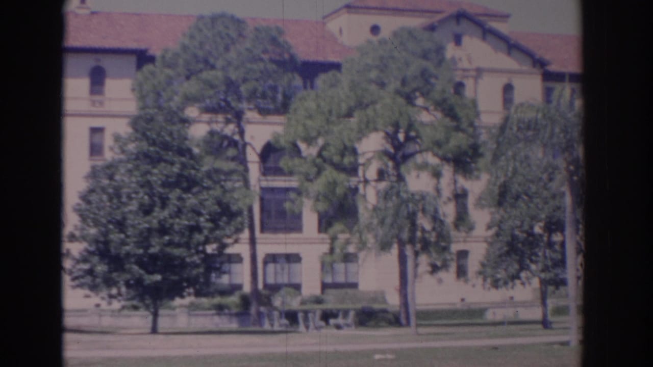 Building facade framed by trees, with lawn and small distant figures near the entrance area.