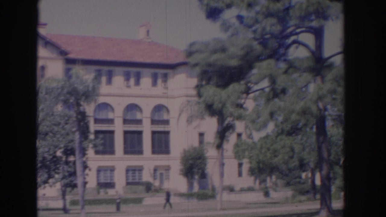 Large arched institutional building behind trees and a lawn with a pedestrian nearby.