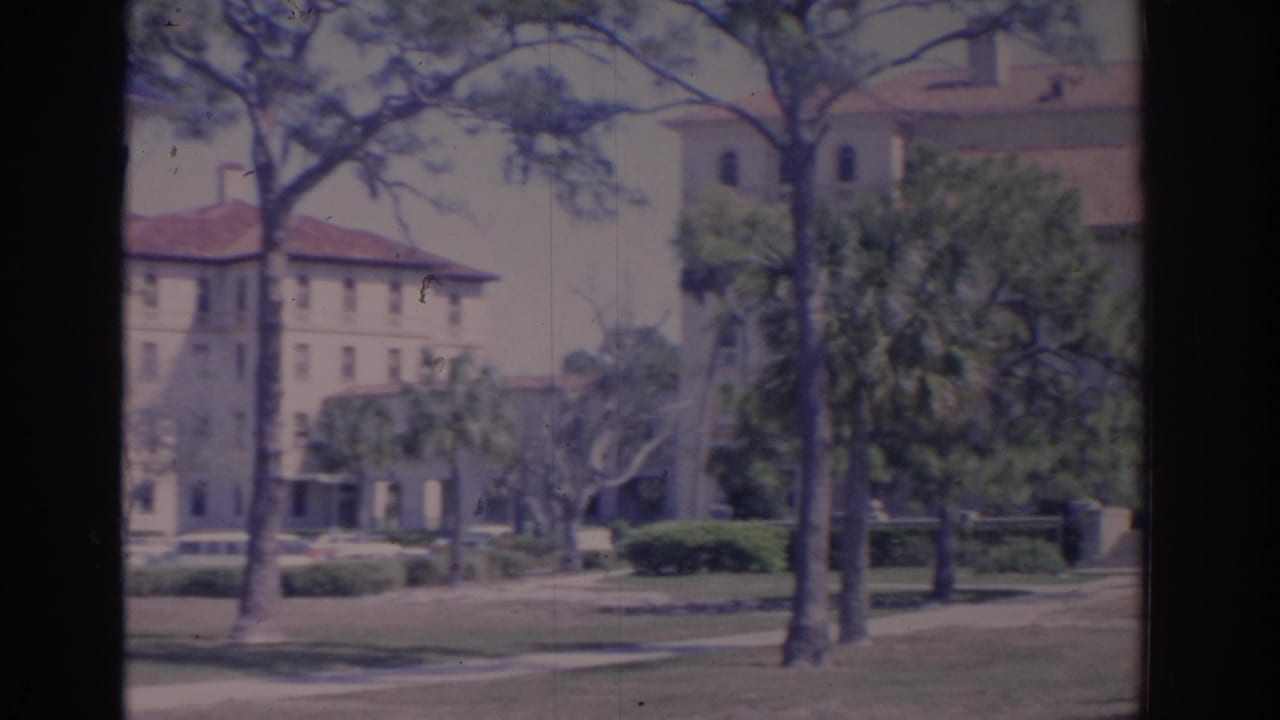Campus lawn with trees in front of pale stucco buildings and terracotta roofs.