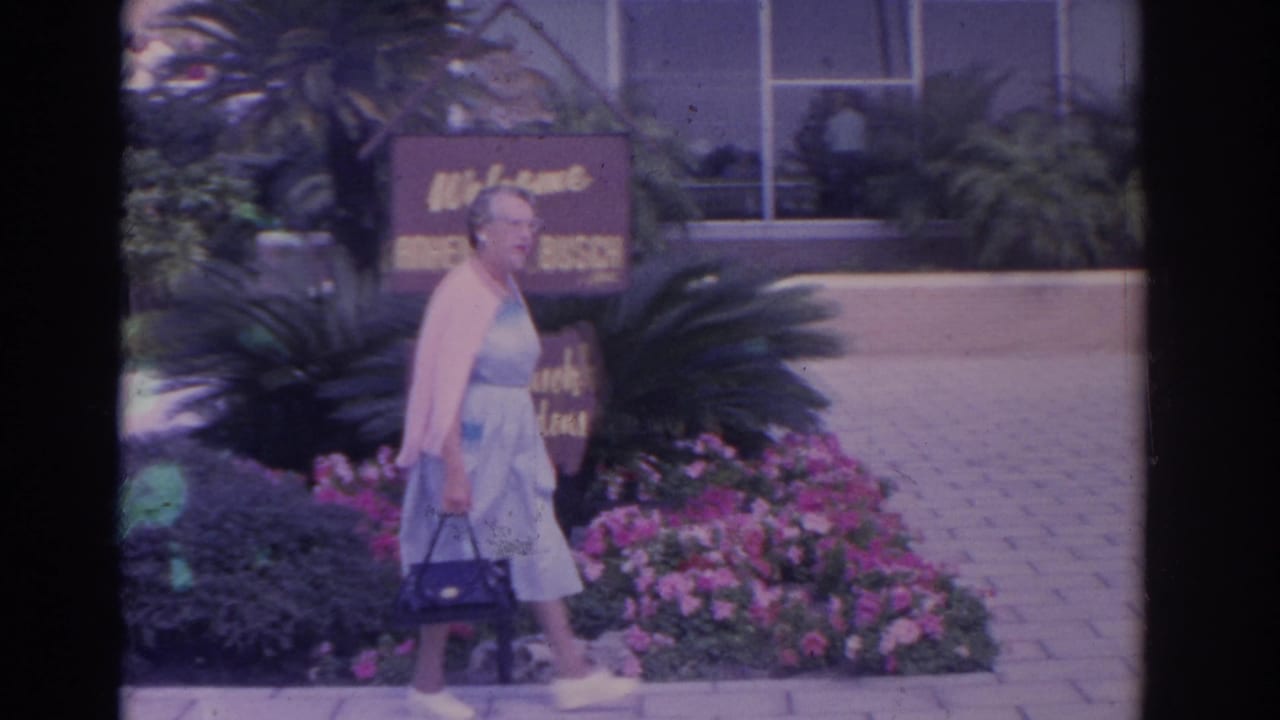 Older woman in a light blue dress and pink cardigan walks past flower beds near a Reheuser Busch welcome sign in Florida.