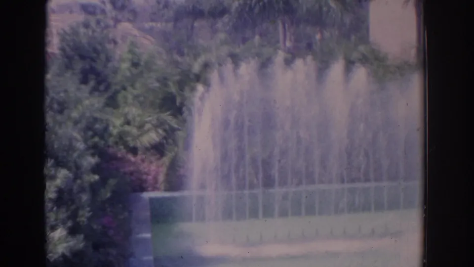 Wide 8mm view of a large water fountain spraying in a lush Florida garden landscape.