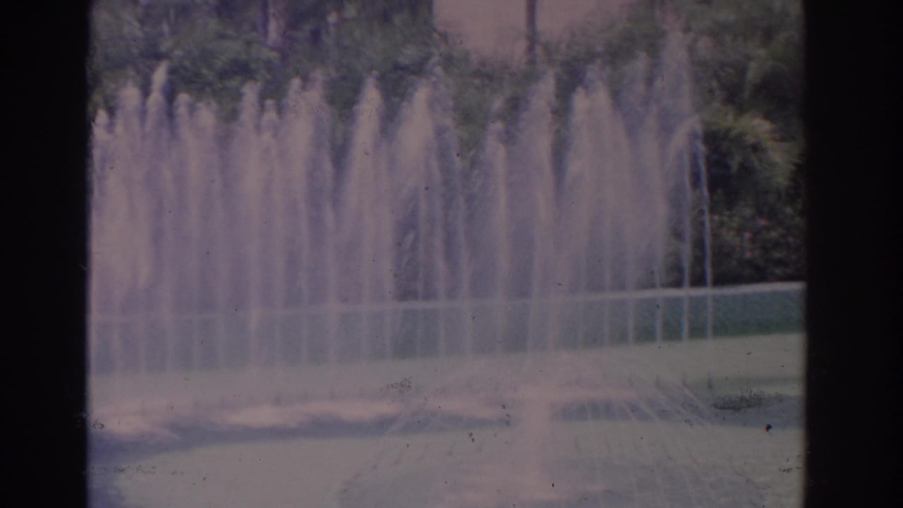 1962 Florida home-movie frame of repeated fountain jets with palms and shrubs in the background.