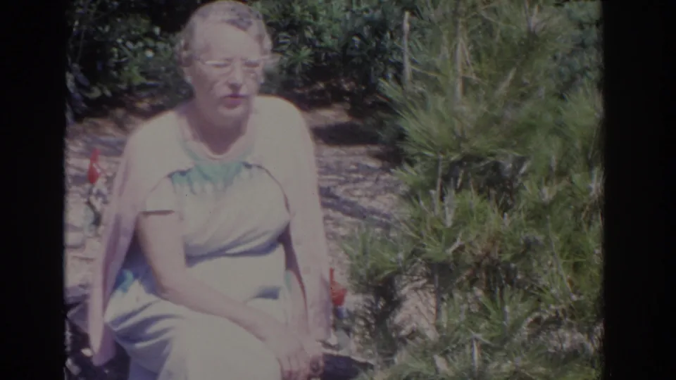 1962 Florida home-movie frame of a woman seated on a stone bench beside dense greenery, with small garden gnome figures partly visible.
