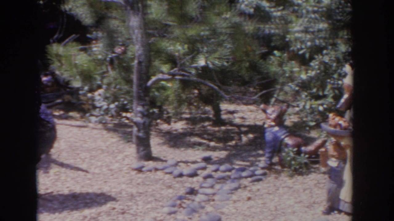 Wooded gravel area with stone edging and a carved figure partly entering the frame.