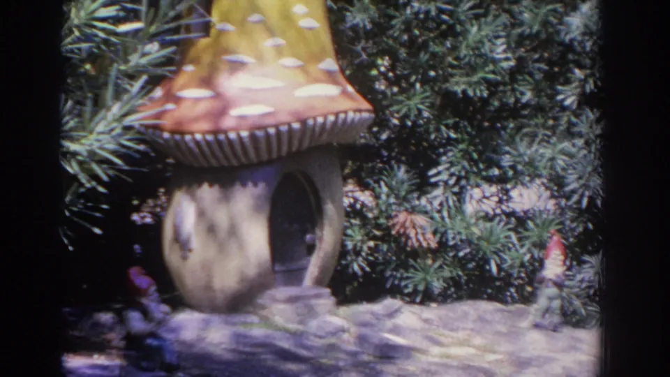 1962 Florida 8mm still showing the mushroom garden house, stone edging, pine branches, and small gnome figures.