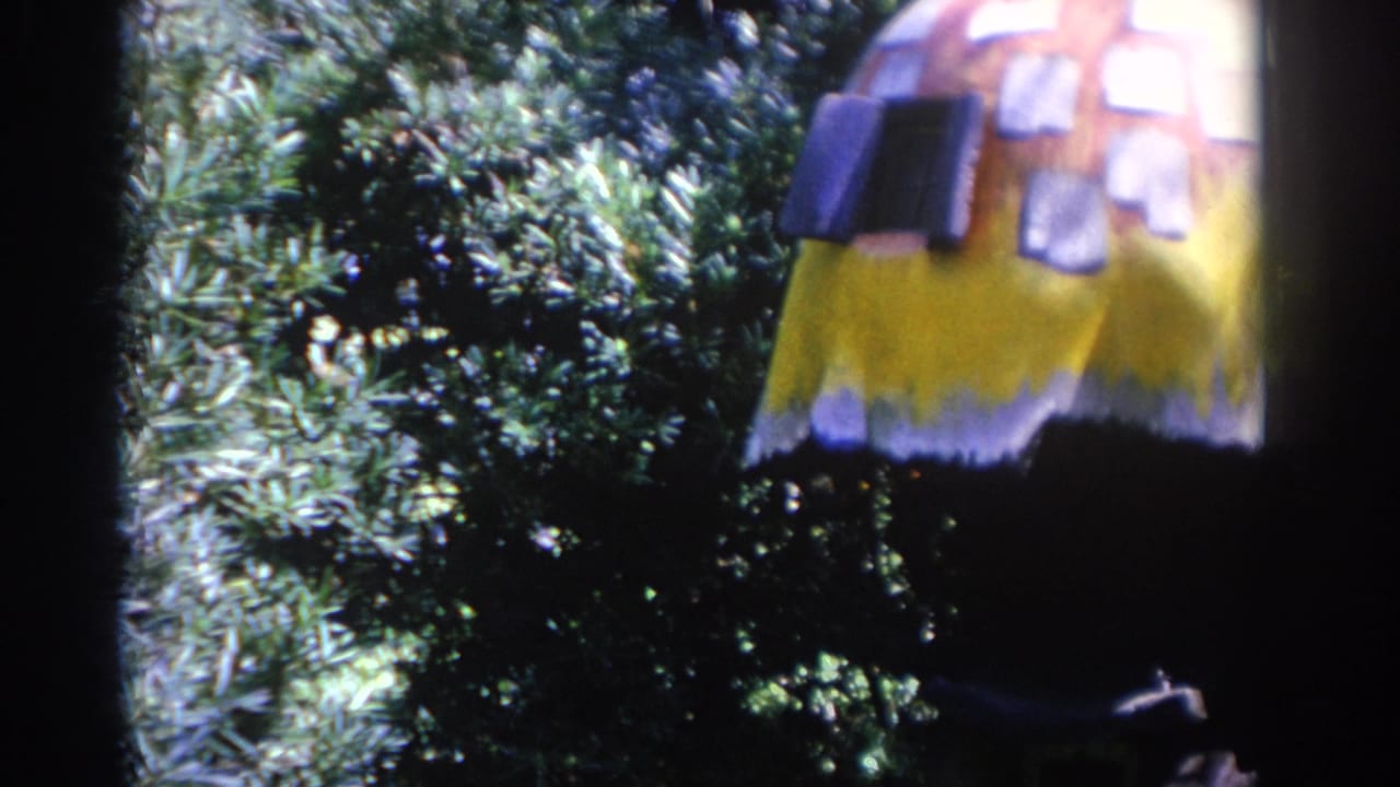 Closer view of the mushroom house cap and yellow edge against shrubs.