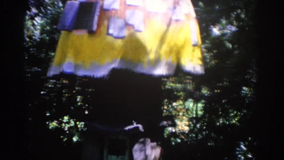 1962 Florida frame of the handmade mushroom garden house centered in a shaded backyard with bright foliage behind it.