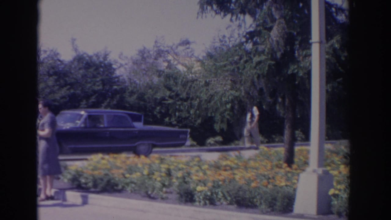 1962 Florida 8mm frame showing a dark sedan by yellow-orange flower beds, with a woman standing at the left curb.