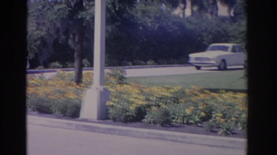 1962 Florida street frame showing a light-colored car passing a green lawn, flower bed, trees, and a white roadside pole.