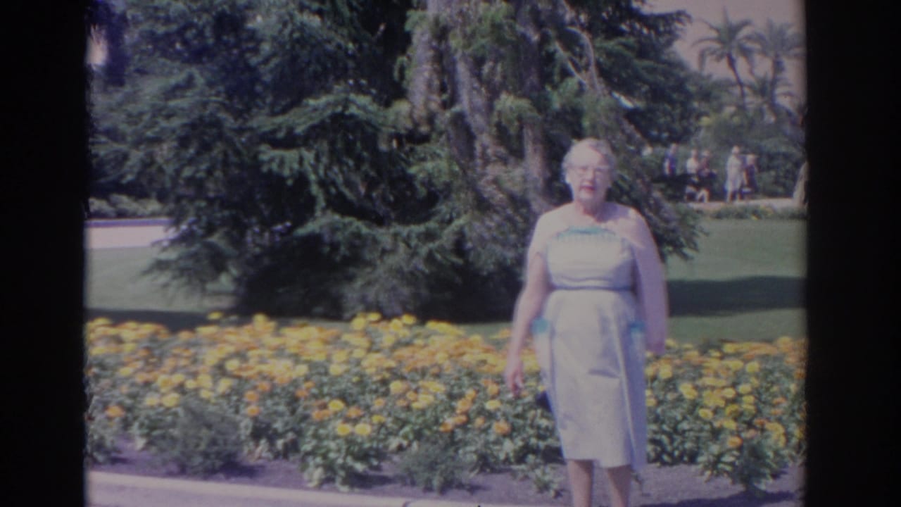 Woman in a pale blue dress stands before yellow flowers and trees in bright sun.