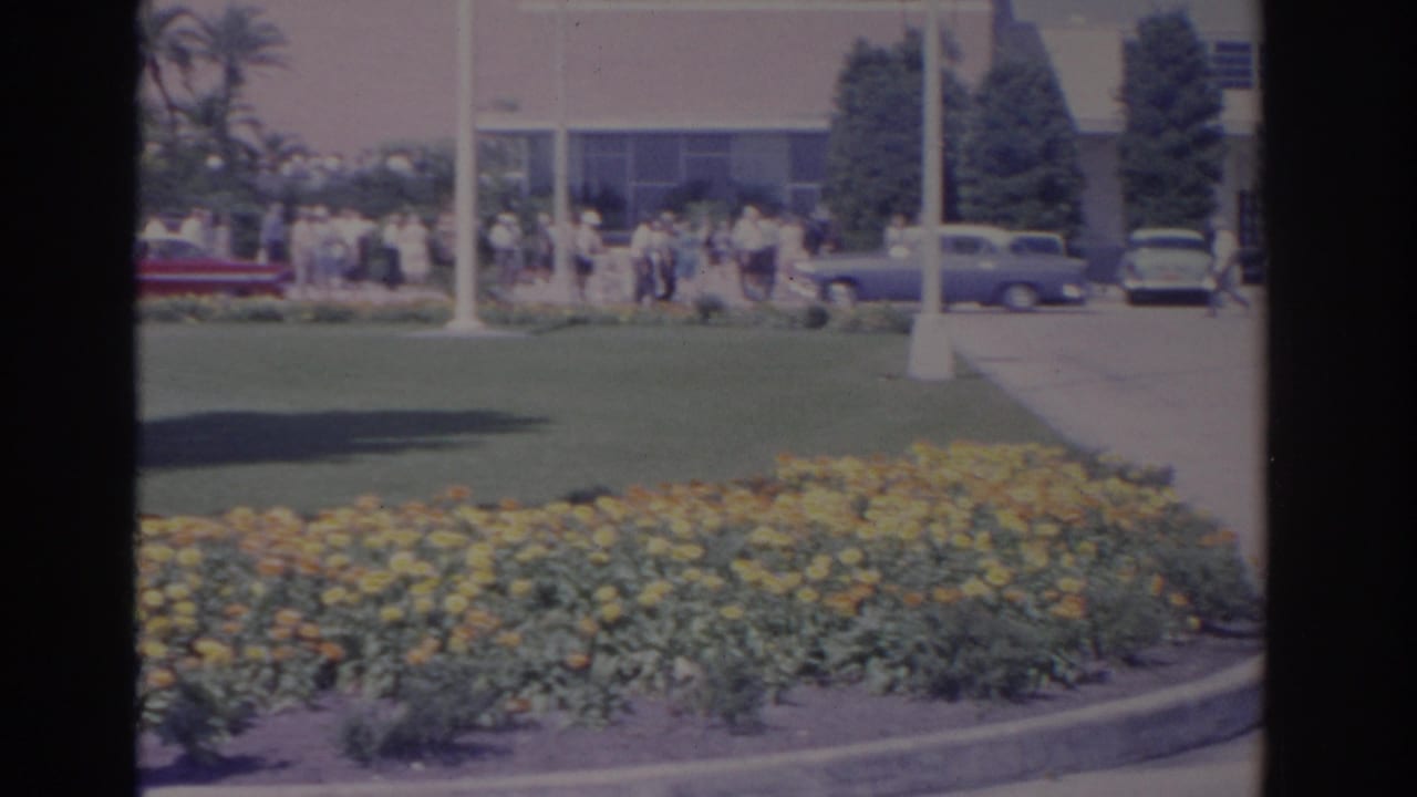 1962 Florida 8mm frame showing a roadside flower bed, parked cars, a small crowd, and a modern building with palm landscaping.