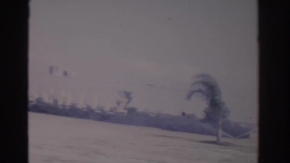 Soft 1962 Florida 8mm frame with bright pavement, a palm tree, low hedges, and a distant commercial exterior.