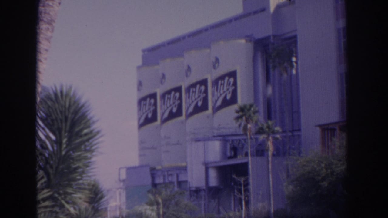 Building facade with repeated brand signs, palm fronds, and shrubbery in front.