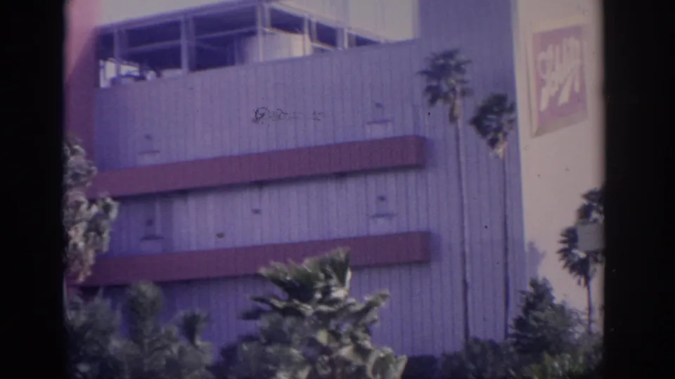 1962 Florida exterior frame with palm trees, a modern facade, and a partially visible sign or logo near the top right.