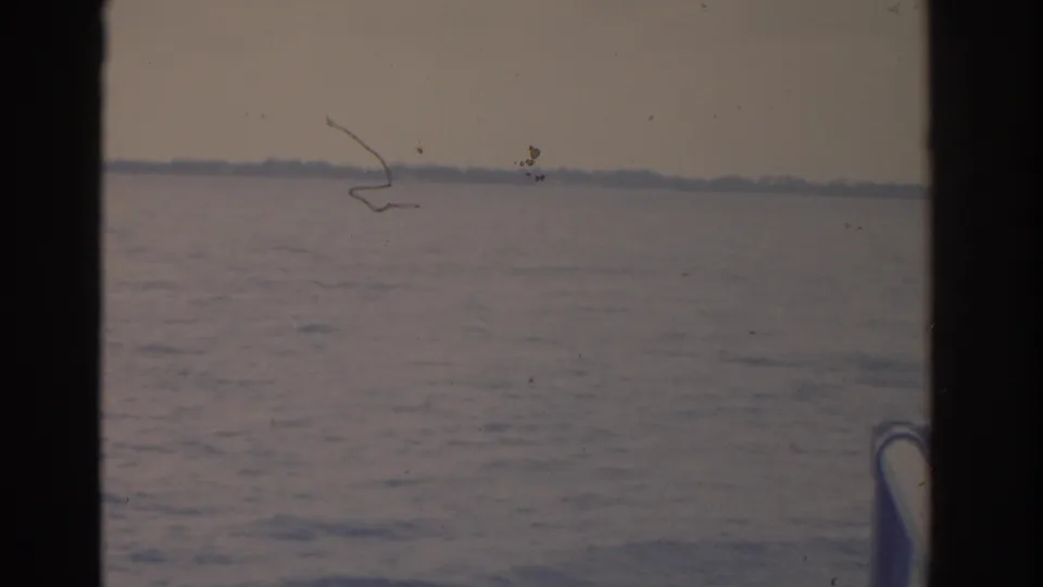 1962 Florida home-movie view across lake water, with a low tree line and dark film-frame edges visible.