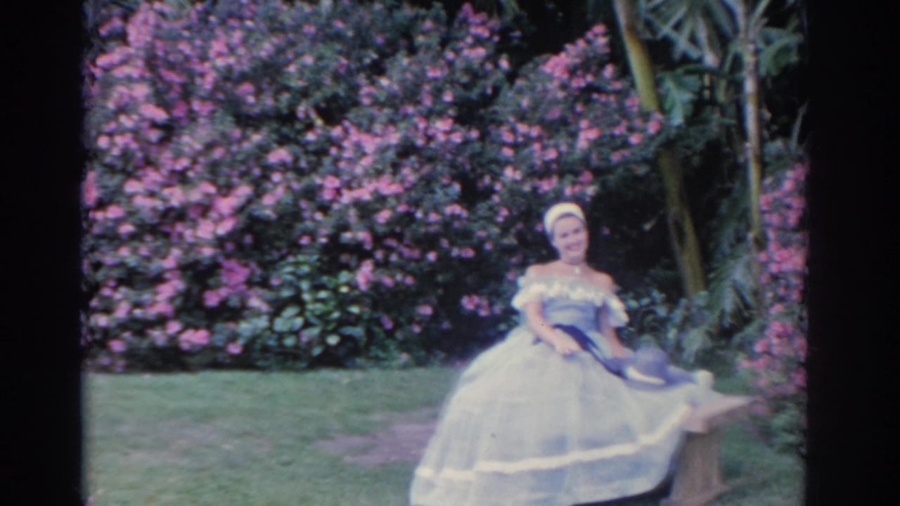 The woman remains seated in a white dress and blue sash, framed by pink shrubs and tropical greenery in Florida.