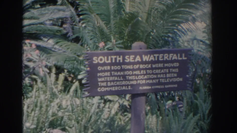 The Cypress Gardens South Sea Waterfall sign fills the frame, with fern and palm foliage behind it.