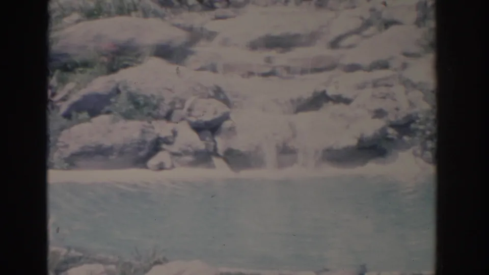 Soft 8mm view from 1962 Florida showing bright stone landscaping, cascading water, plants, and pool water in the foreground.