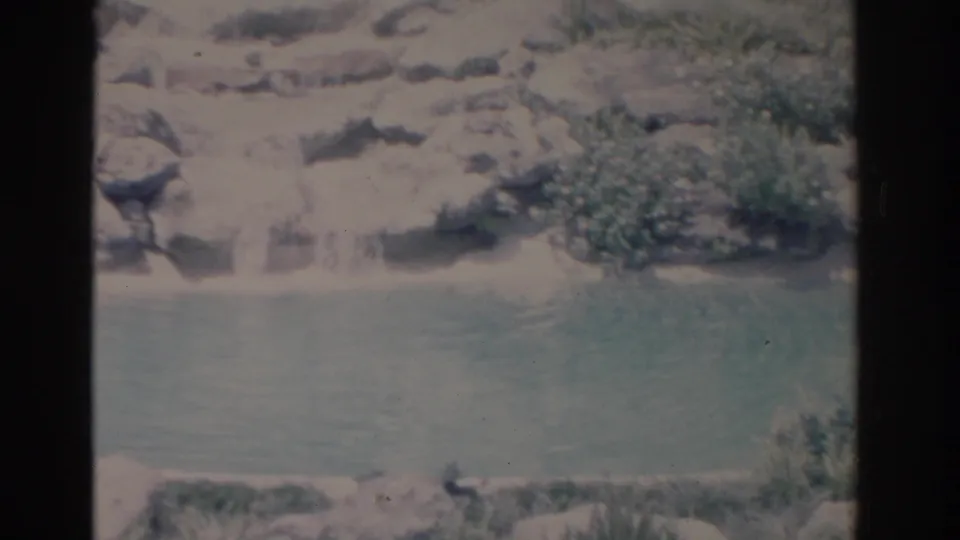 1962 Florida home-movie frame of cascading water over stone beside dense greenery, with the blue-green pool filling the lower view.