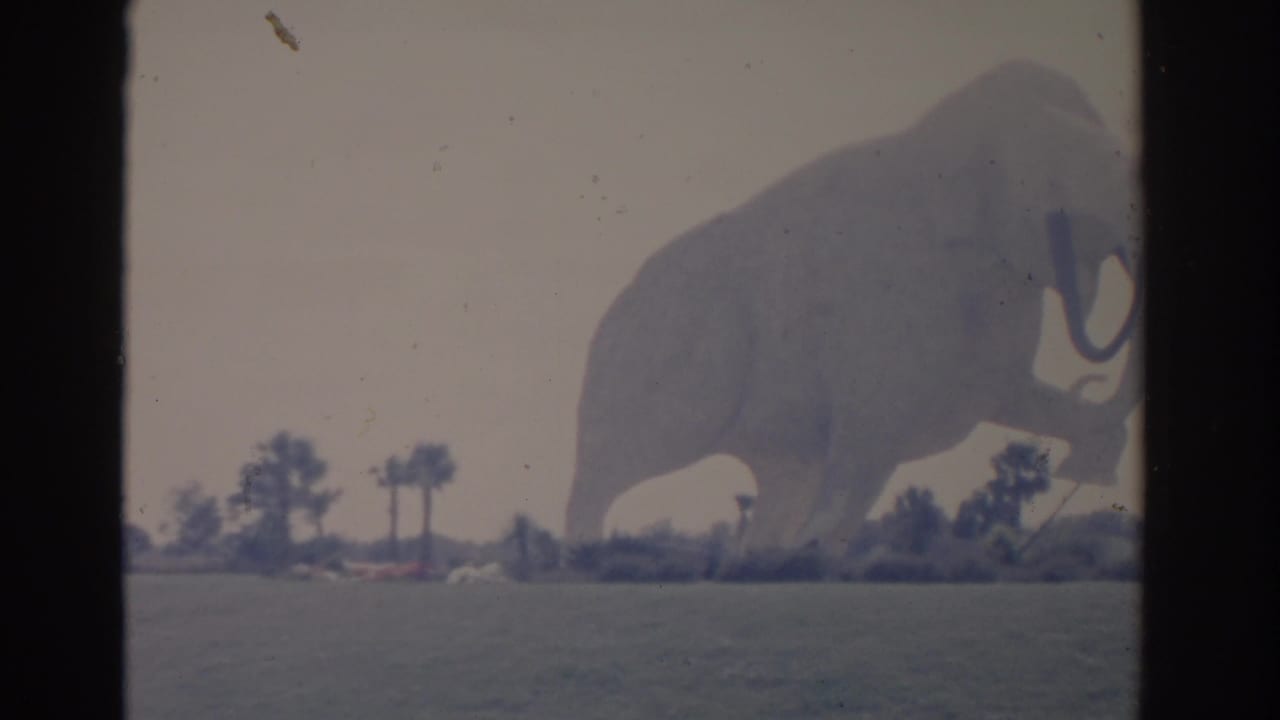 1962 Florida 8mm frame showing a large mammoth statue beyond open grass, with palm trees and a soft faded home-movie look.