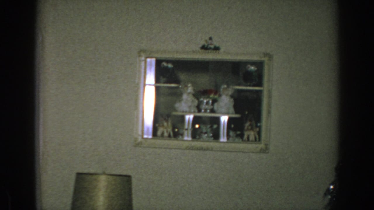 Wall display cabinet with figurines above a partial lamp shade.
