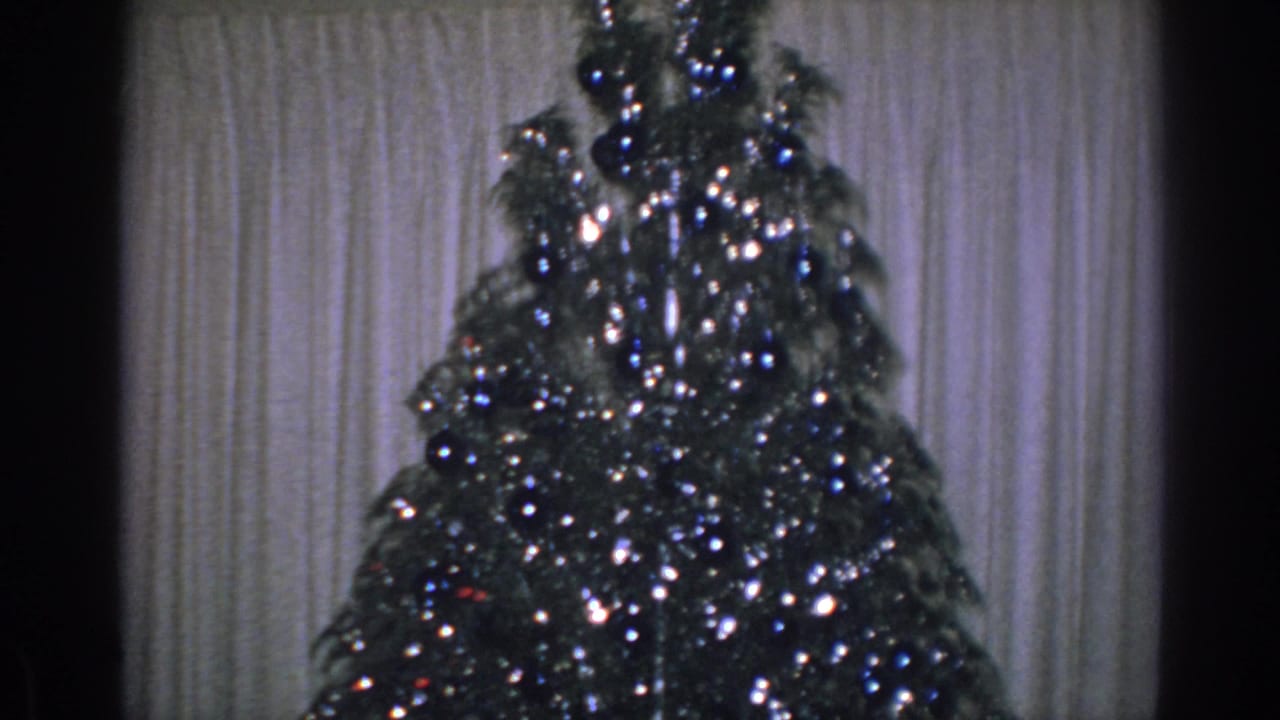 Sparkly Christmas tree centered against pale curtains with dark film borders at the sides.