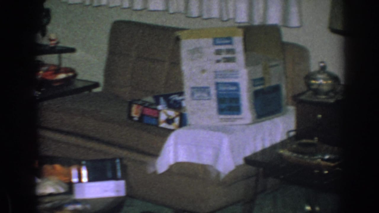 Living room couch with a large appliance box and wrapped gifts nearby.