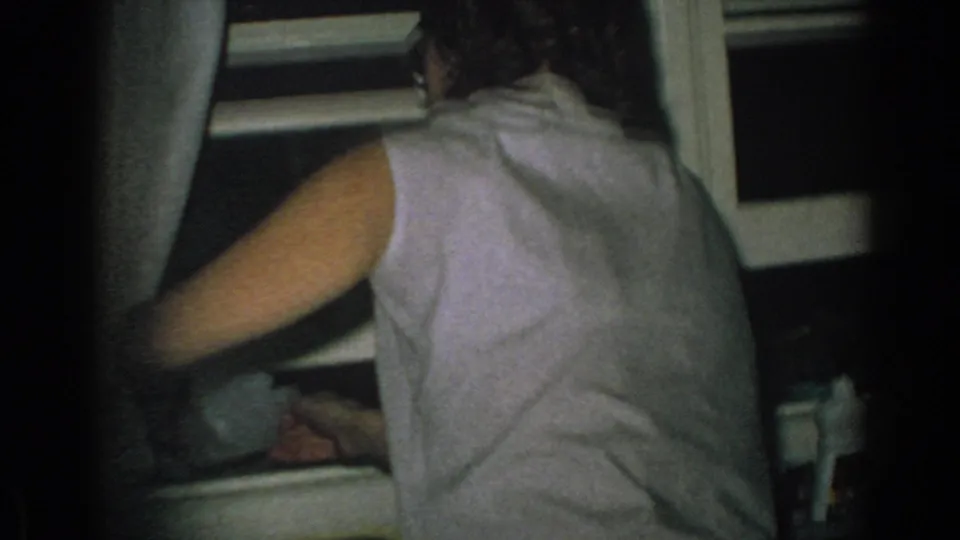 A woman in a sleeveless top moves near the kitchen counter in this 1962 Gary, Indiana family gathering footage.