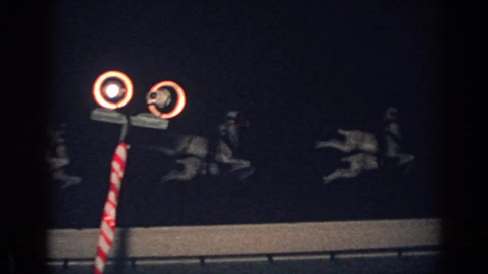 1962 Gary, Indiana 8mm frame showing a nighttime rooftop Santa sleigh display, glowing reindeer figures, and a candy-cane-style pole.