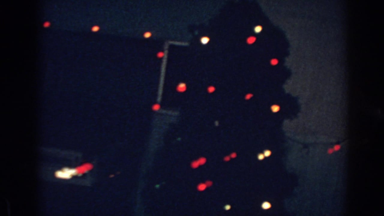 Dim house exterior with scattered red and white Christmas lights at night.