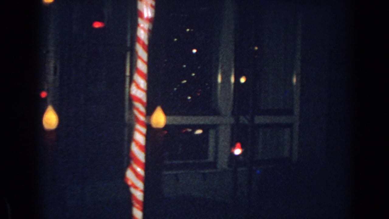 Striped candy-cane decoration beside dark window glass with small warm lights.