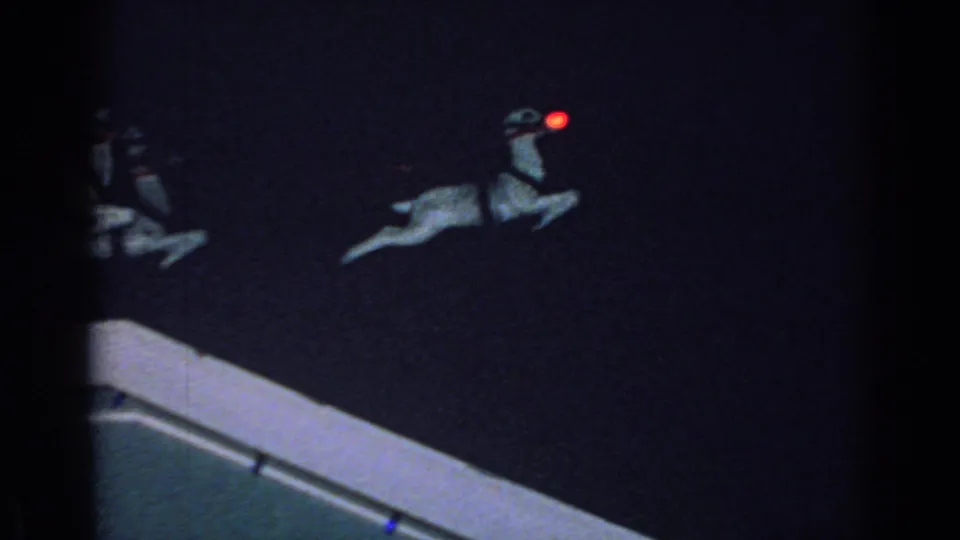 The pan isolates a red-nosed reindeer decoration above the roofline in 1962 Gary, Indiana home-movie footage.