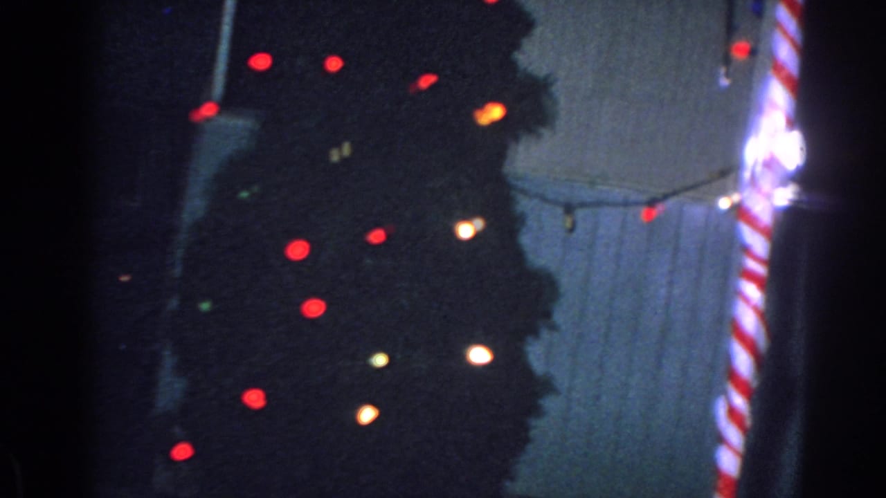 Decorated Christmas tree and striped candy-cane prop beside a house at night.