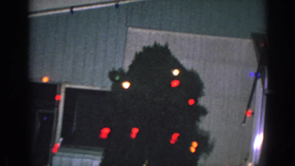 1962 Gary, Indiana exterior frame showing a dark tree or shrub decorated with glowing red holiday lights beside the house.