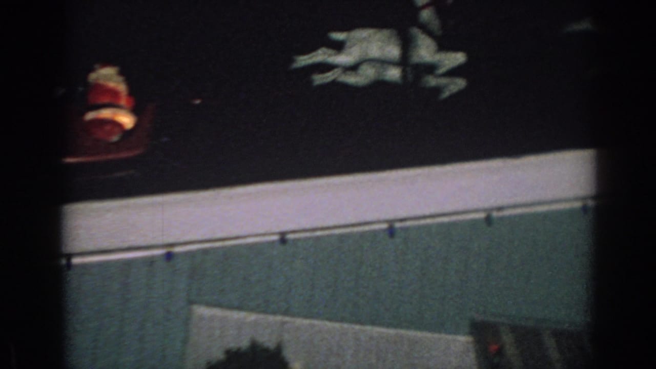 Dark roofline with white reindeer decorations and a small red light near the edge.