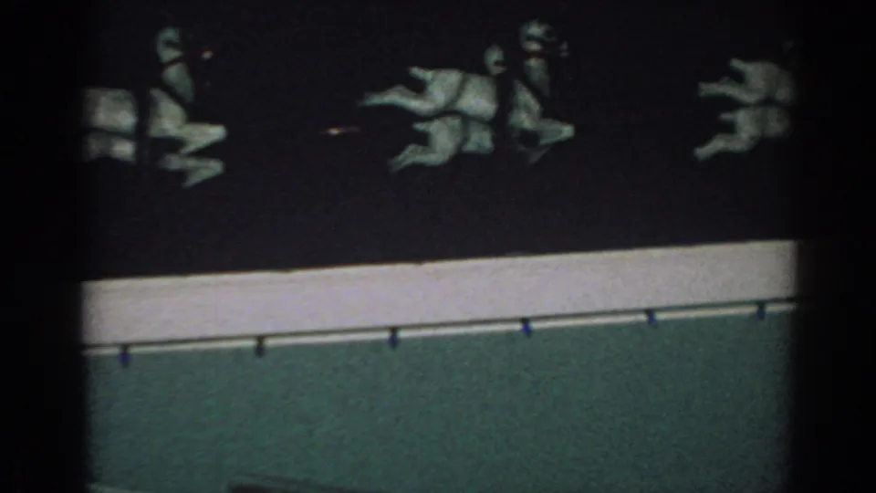 Nighttime 8mm view of roof-mounted white reindeer decorations in Gary, Indiana, with the house edge visible below.