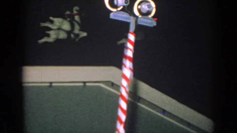 Gary, Indiana holiday roof display at night, with white reindeer decorations, a striped pole, and exterior lighting visible.