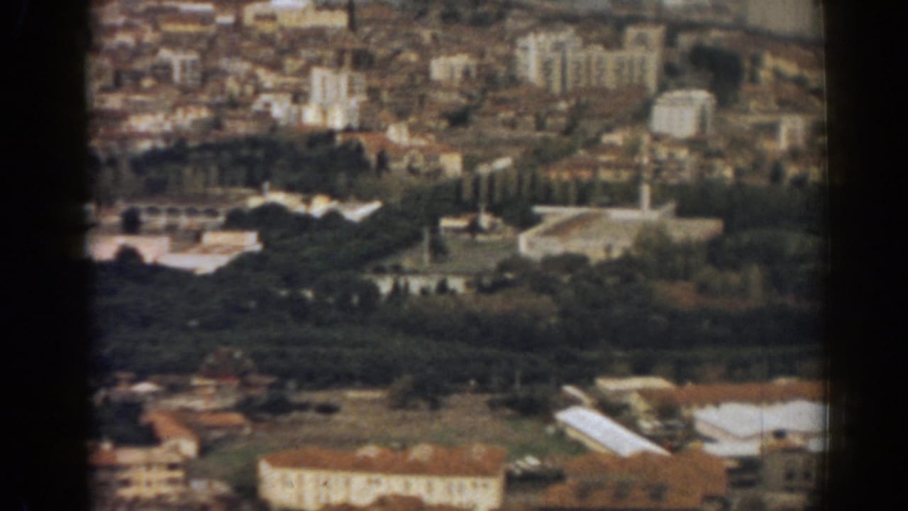 Aerial cityscape with tree-covered area, apartment blocks and a mosque complex.
