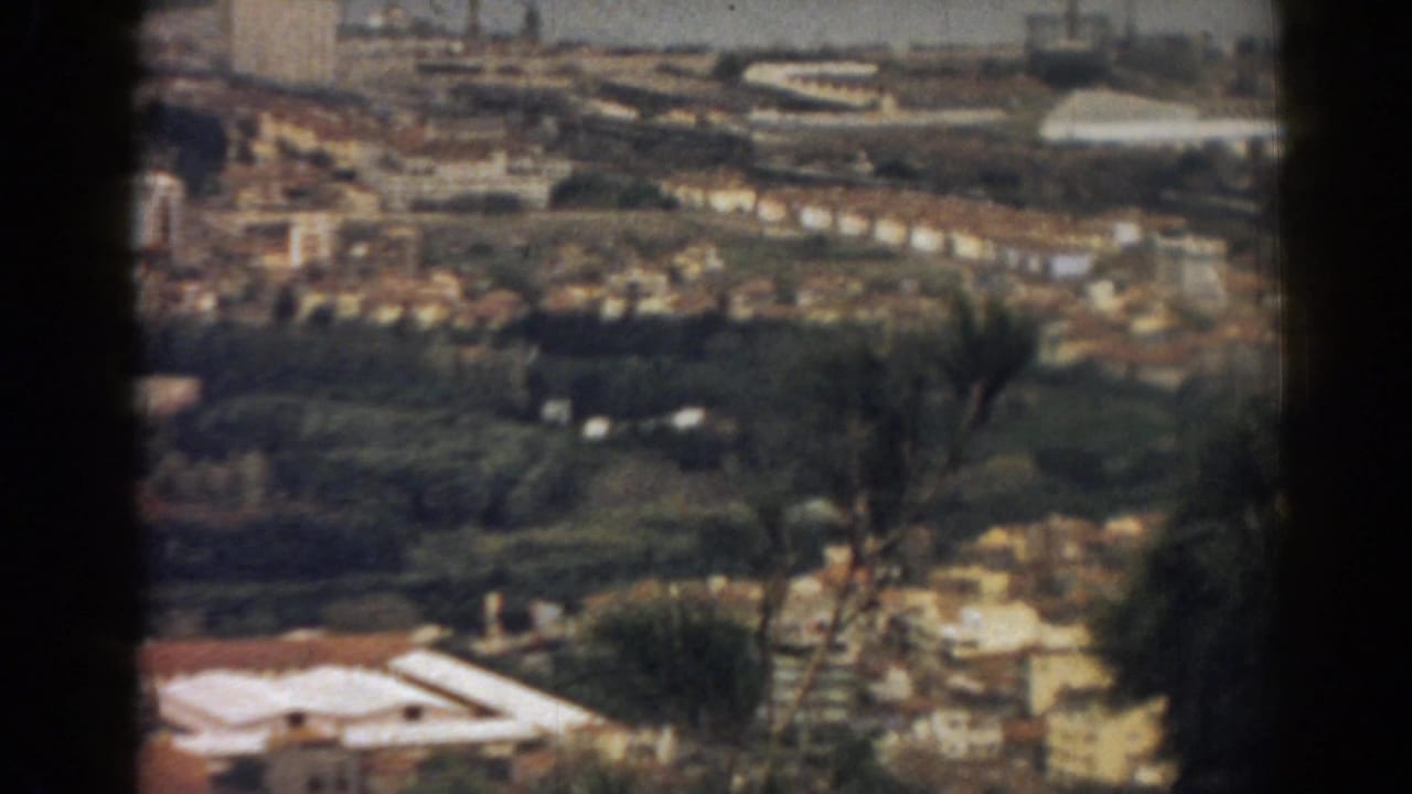 Town blocks and trees seen from above, with a waterfront and boats in the distance.