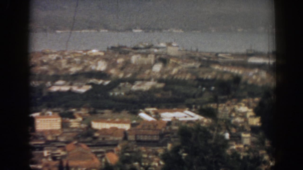 Elevated view over a coastal town with water, rooftops, greenery, and distant hills.