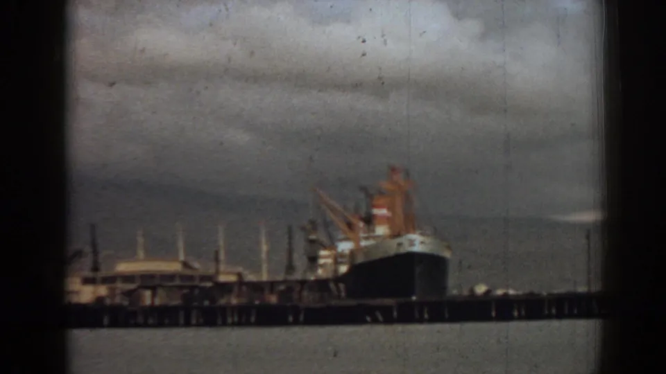 Soft 8mm harbor view in Izmir showing a docked cargo ship, pier supports, cranes, and muted cloudy sky.