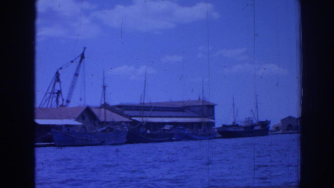 Waterfront buildings, moored boats, masts, and a crane seen across blue water.