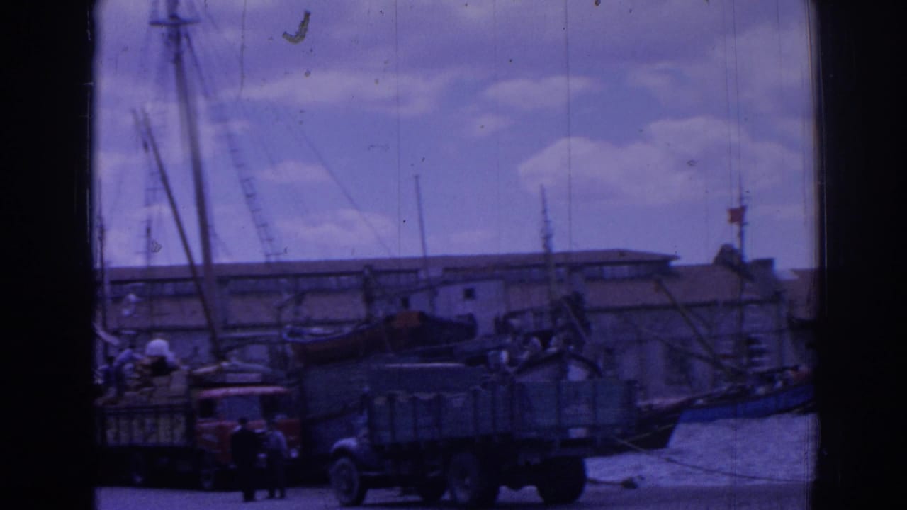 Trucks, workers, boats, masts, and harbor structures along a waterfront dock.